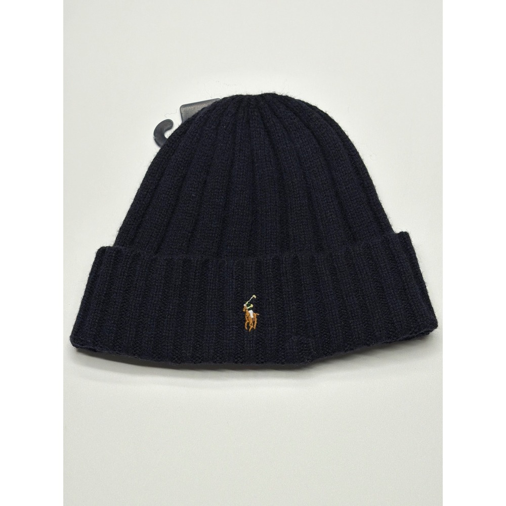 Polo Ralph Lauren Men Navy Blue Wool Blend Ribbed Beanie Hat One Size NWT